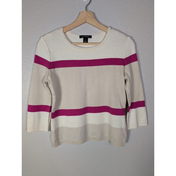 St John Sweater Women Small Cream Pink Stripe Wool Knit - Picture 2 of 6